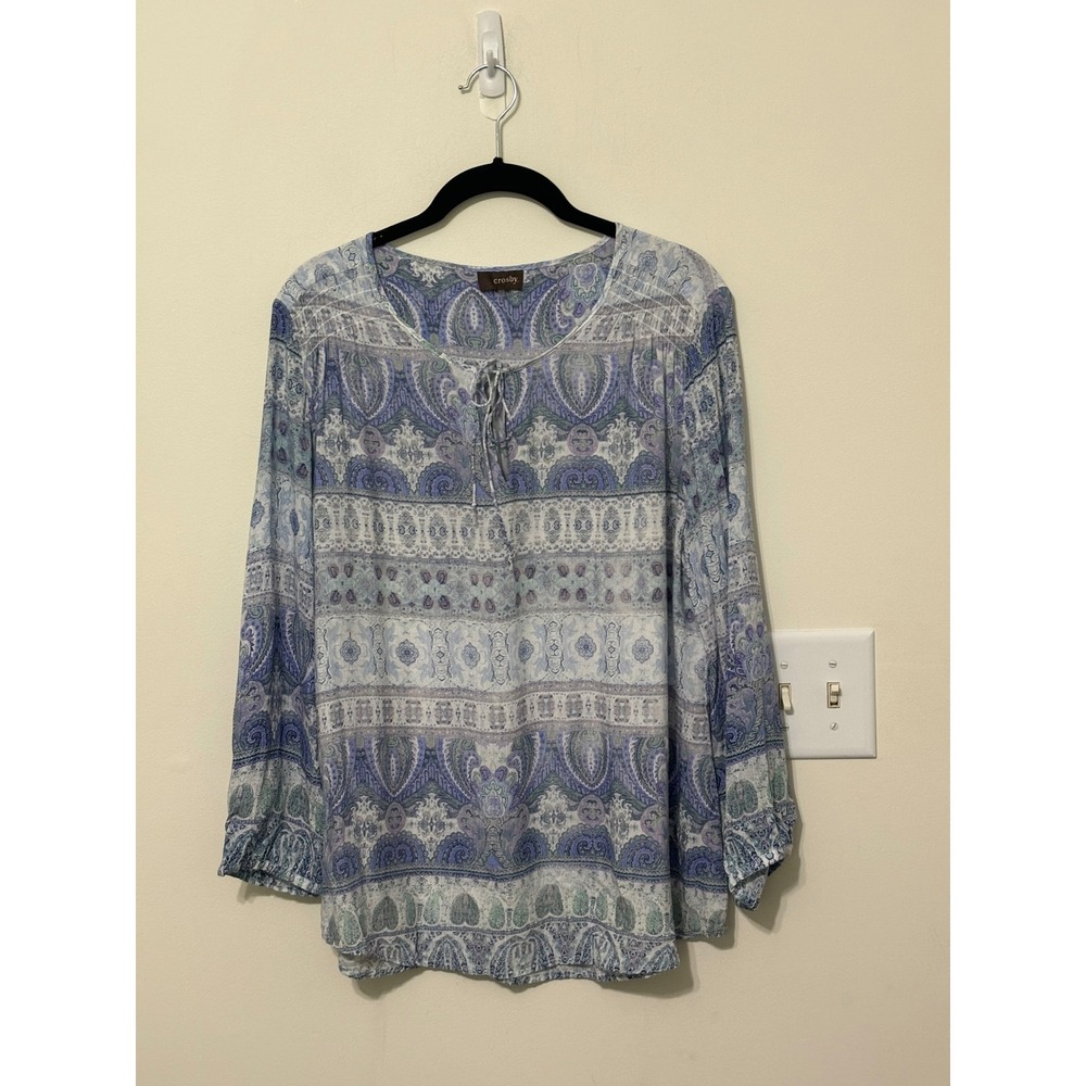 Crosby Paisley Print Blouse Long Sleeve Tie Neck‎ Boho Top Size L